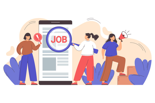 Humorous illustration of the work from home job hunt struggle: resumes, scams, and remote chaos.