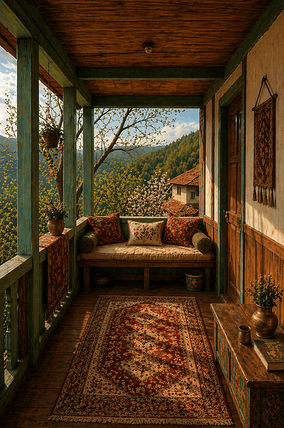 Quiet wooden veranda with cushions and mountain view in Himachal, peaceful childhood memories
