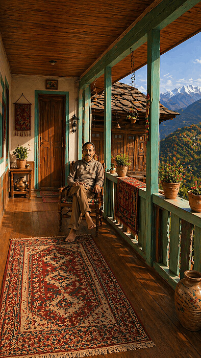 Uncle sitting barefoot on a wooden Himachali veranda with mountain views, childhood memories of village life