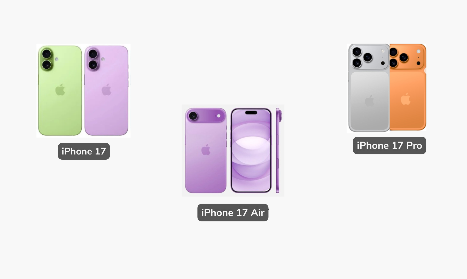 iPhone 17 Models Comparison – iPhone 17, iPhone 17 Air, and iPhone 17 Pro in new pastel colors